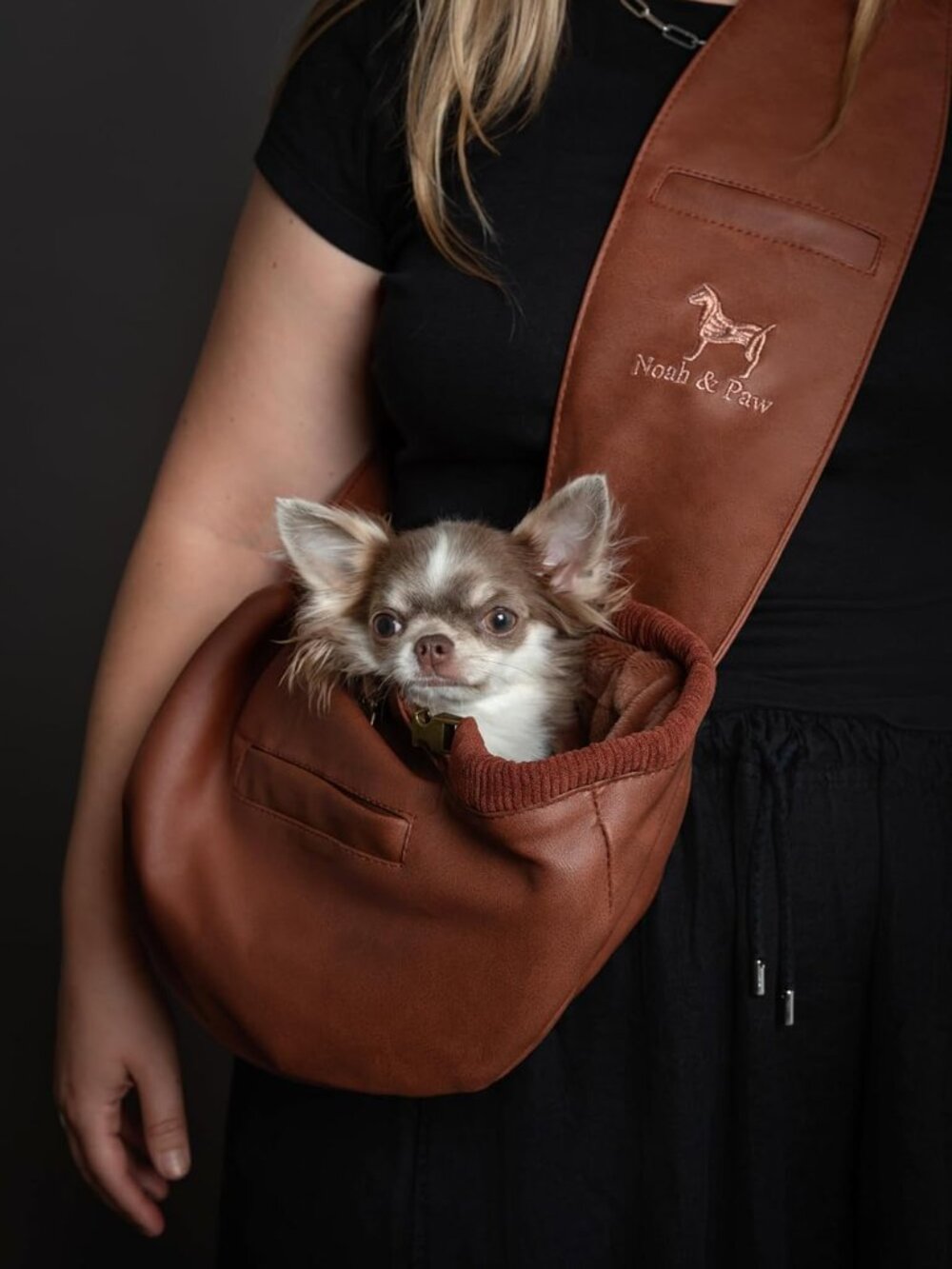 NWOT Noah & Paw Dog Sling Carrier Brown Vegan Leather Small Dog Cat 3–10 lb